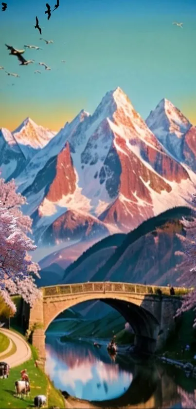 Artistic mountain landscape with cherry blossoms and scenic views.