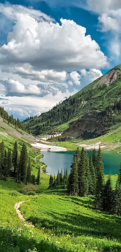 Mountain landscape with lake, green hills, and cloudy sky.