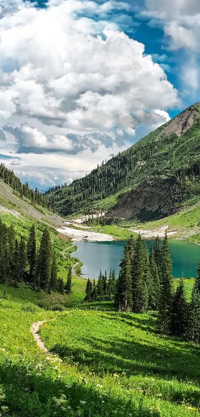 Breathtaking mountain landscape with a lake and green valleys.