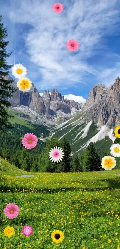 Mountain landscape with green meadows and blue sky.