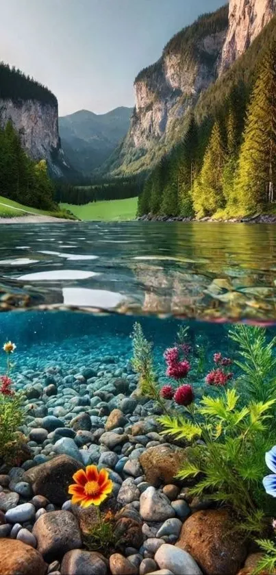 Mountain landscape with river reflection and underwater flora.