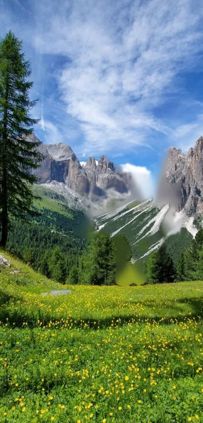 Majestic mountains and vibrant green fields under a clear blue sky.