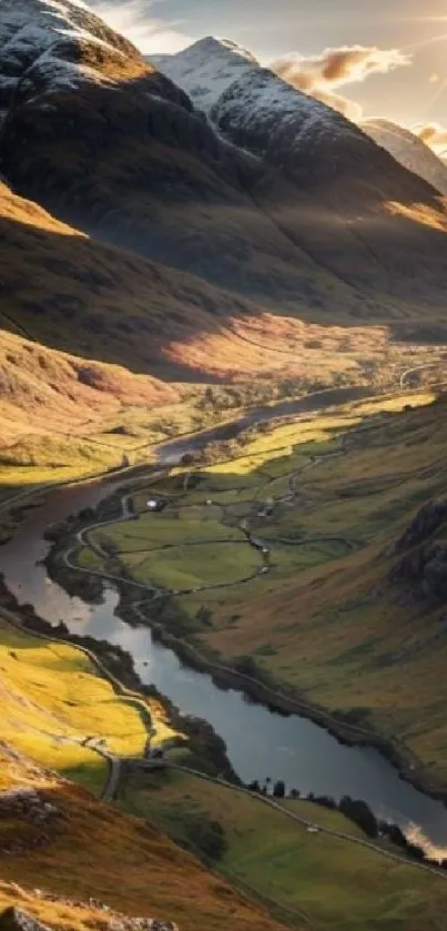 Stunning mountain valley at sunset with river.