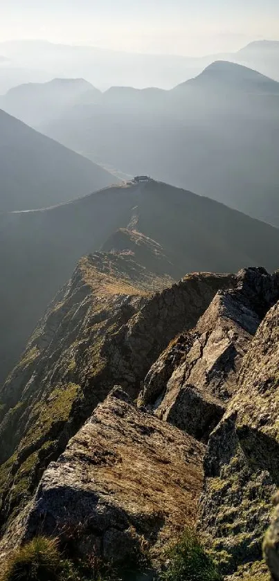 A stunning mountain scene with rocky cliffs and distant peaks.