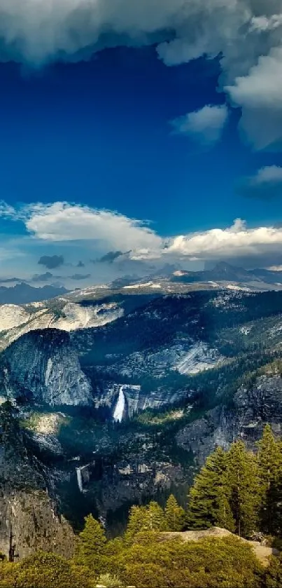 Breathtaking mountain view with lush greenery and a vivid blue sky.