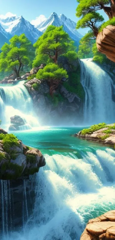 Lush green mountain waterfall scene with beautiful blue water and scenic views.