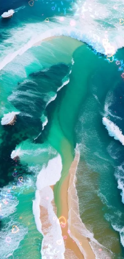 Vibrant aerial view of ocean waves on a sandy beach creating stunning teal patterns.