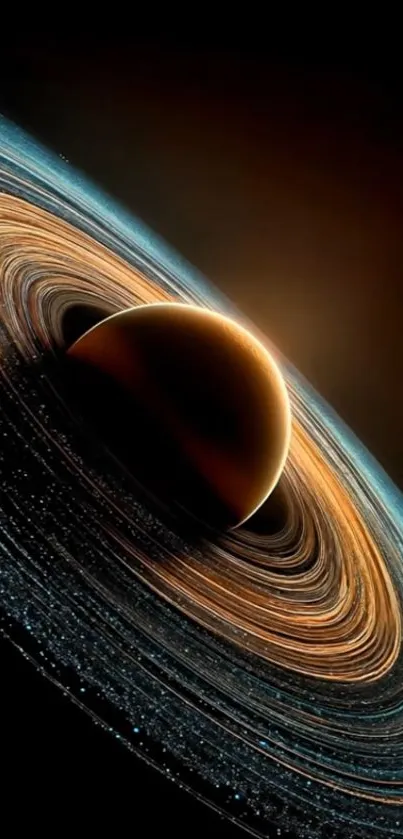 Illustrated planet with stunning rings in space.