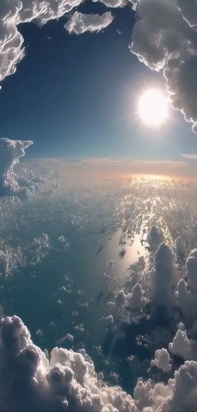 Sky with fluffy clouds surrounding a bright sun.