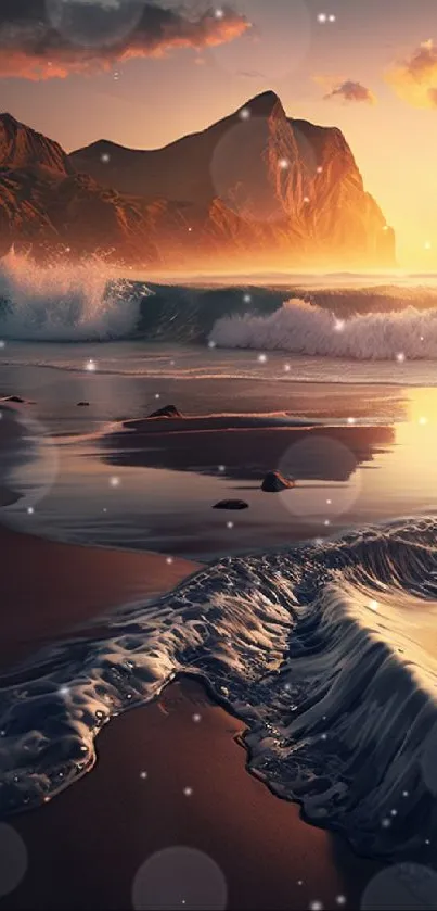 Mobile wallpaper of a breathtaking sunset over a beach with mountains and waves.
