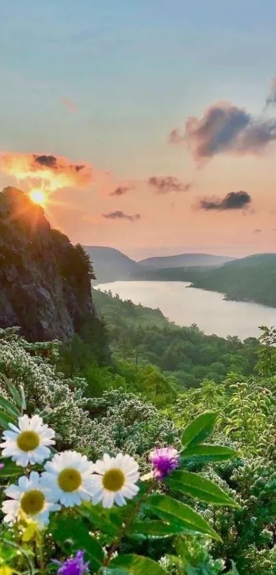 A breathtaking sunset over a lush, flowered river valley with vibrant sky colors.