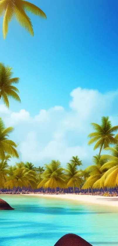 Tropical beach with palms and blue sky wallpaper.