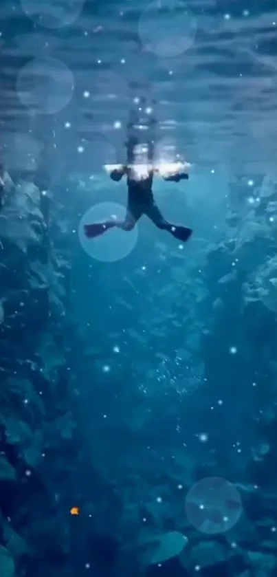 Diver explores deep underwater canyon with serene blue hues.