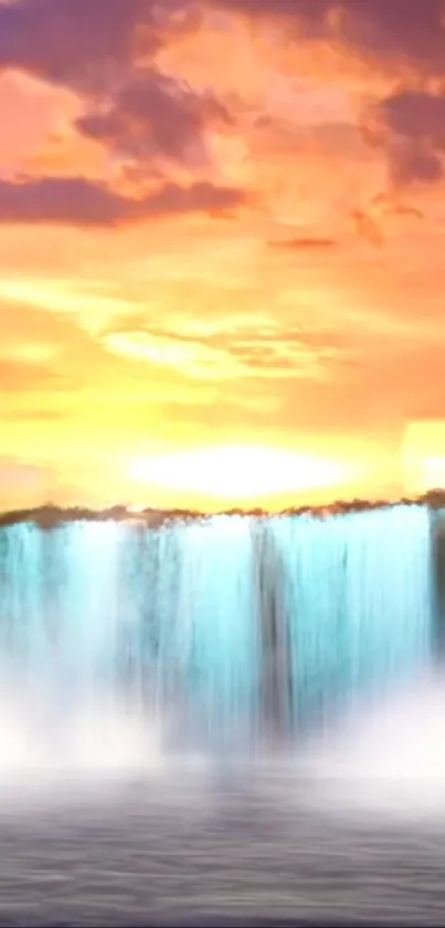 Vibrant sunset with a serene waterfall cascading into a peaceful scene.