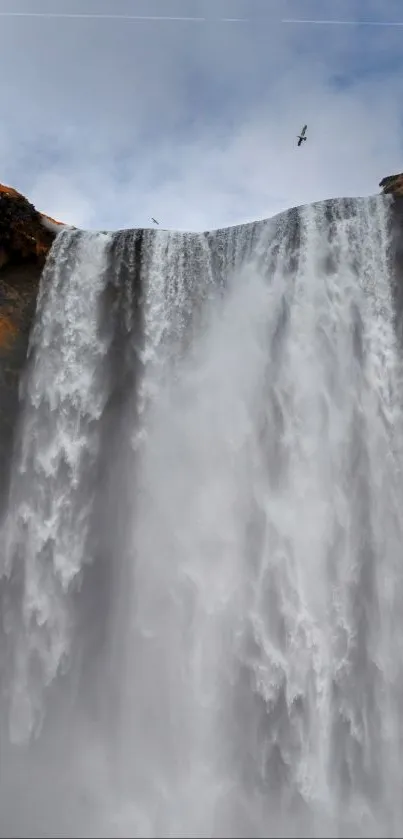 Majestic waterfall cascading down with a bird flying in the sky above.