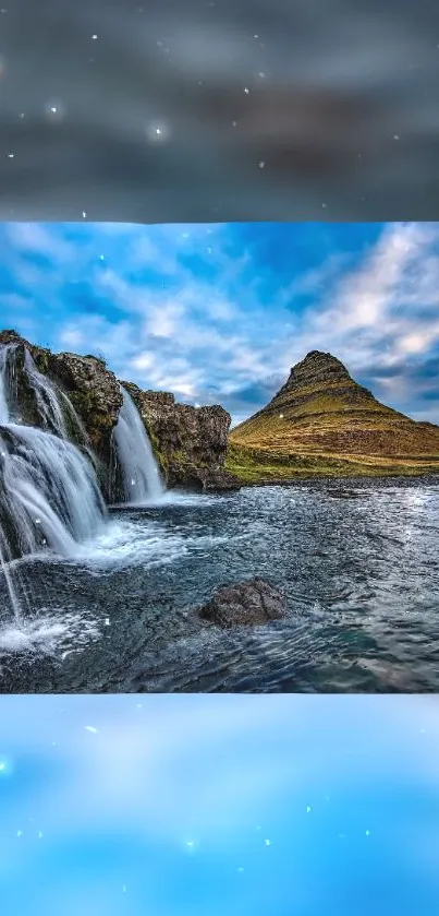 Stunning waterfall by a mountain under a brilliant blue sky.