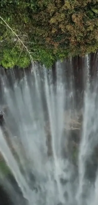 A stunning waterfall cascading amidst lush greenery.