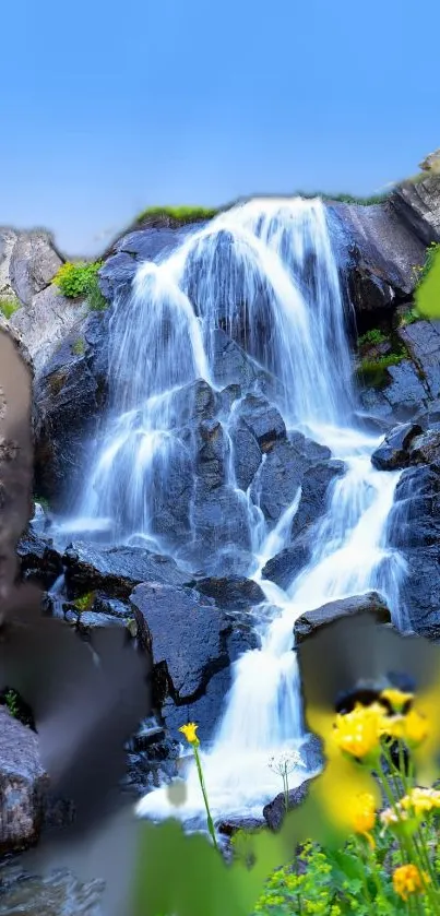 Breathtaking waterfall with rocks and flowers in serene natural setting.