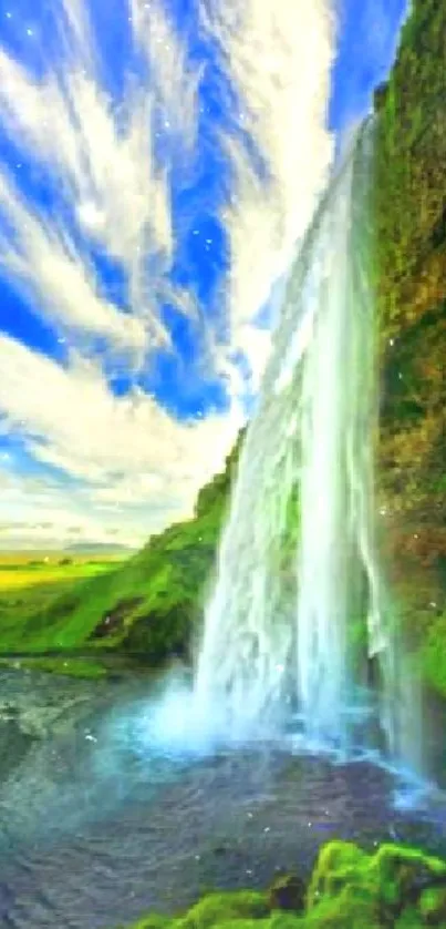 Majestic waterfall with blue sky and lush greenery.