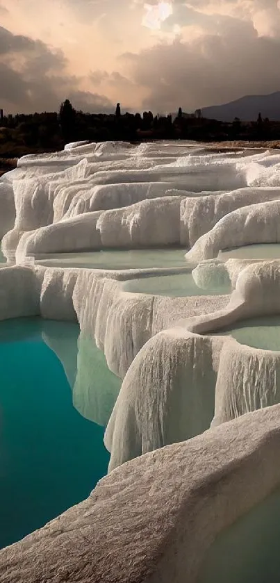 White limestone pools with turquoise water under cloudy skies.