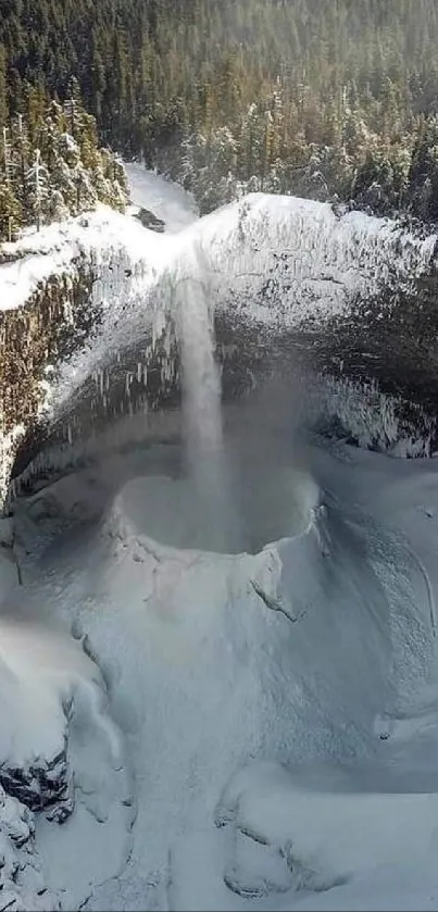 A stunning frozen waterfall in a snow-covered forest landscape.