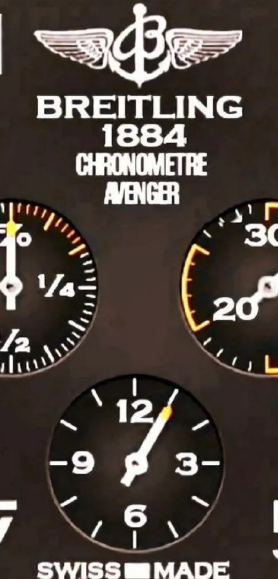 Breitling 1884 Avenger watch face with stylish dials on a black background.