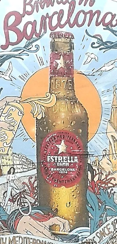 Artistic Brewed in Barcelona beer illustration wallpaper.