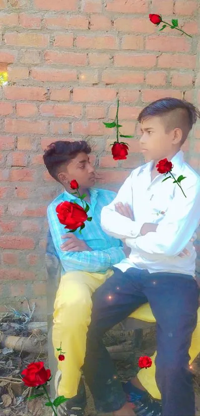 Two boys sitting against a brick wall adorned with red roses.