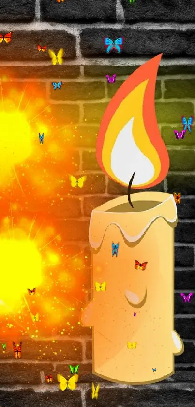 Mobile wallpaper of candles with flames on a brick wall background.