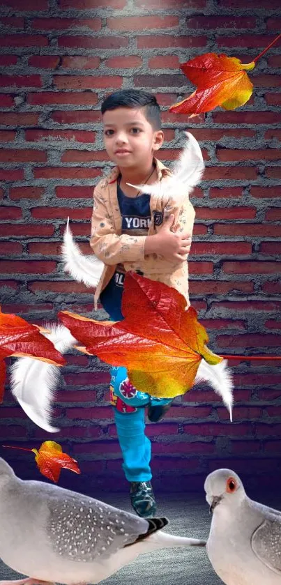 Child with autumn leaves and birds against a brick wall.