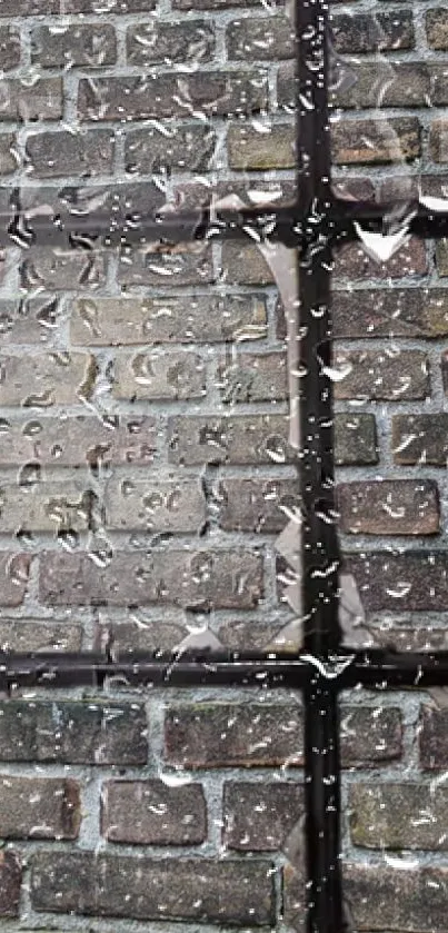 Detailed mobile wallpaper of a brick wall with raindrops on a windowpane.