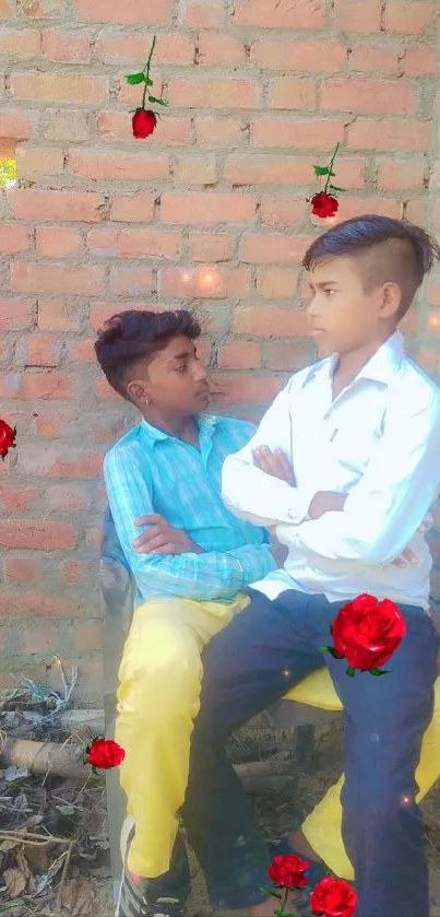 Two boys sitting against a brick wall with red roses.