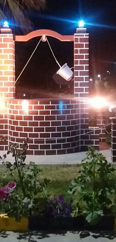 Brick well illuminated at night with soft lighting and garden view.