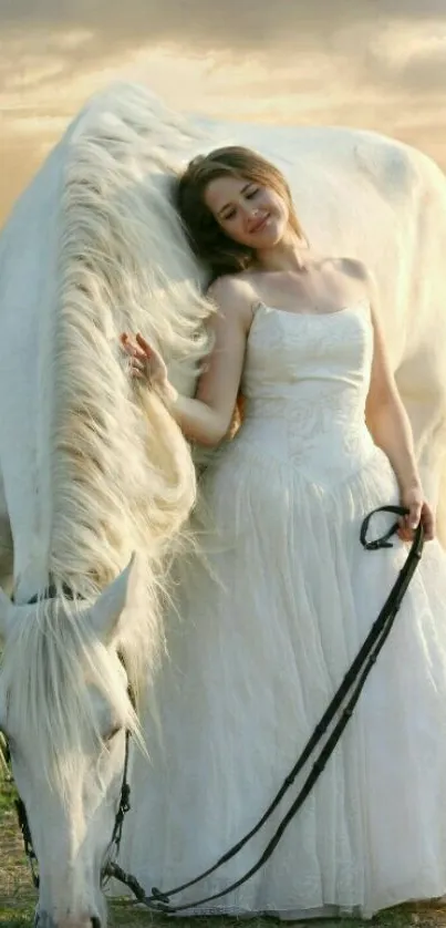 Bride in white dress with serene white horse at sunset.