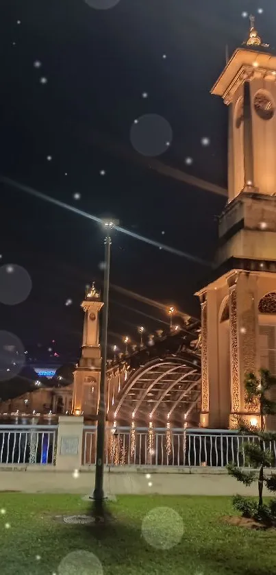 Beautiful night view of illuminated bridge with lights.