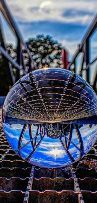 Glass sphere reflecting a bridge and sky on a textured surface.