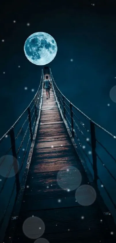 Wooden bridge leading to a full moon under a dark blue night sky.