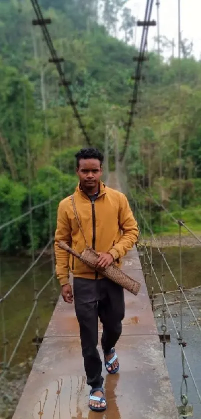 Man walking on rustic bridge in lush green forest scene.