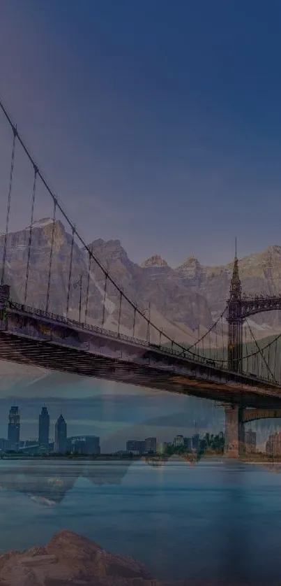 Wallpaper featuring a bridge against a mountain backdrop and urban skyline.