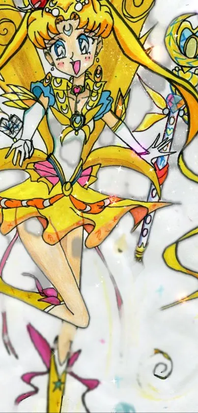 Vibrant anime character in yellow attire with magical elements.