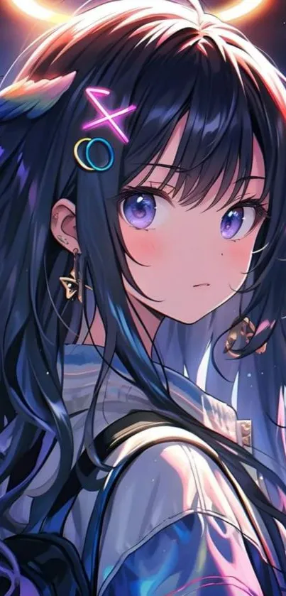 Anime girl with neon accents and blue tones, perfect for mobile wallpaper.