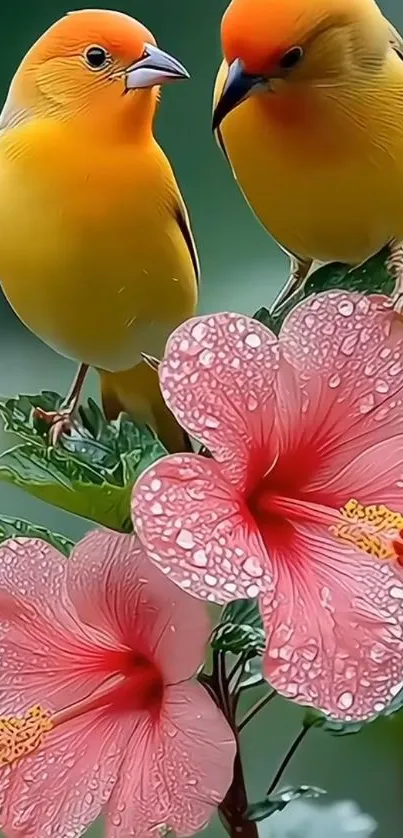 Colorful birds perched on pink flowers with green leaves.