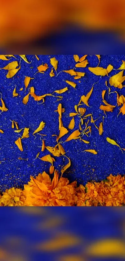 Orange petals scattered on blue background wallpaper.