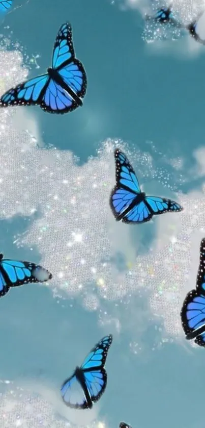 Mobile wallpaper of blue butterflies with a cloud background.
