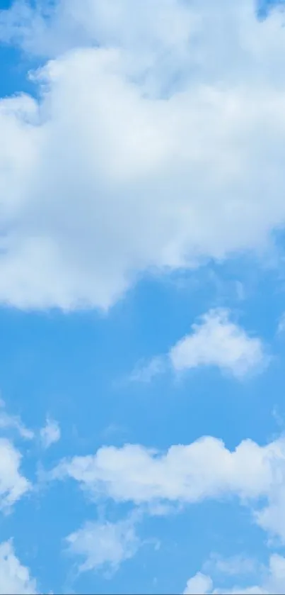 Bright blue sky with scattered fluffy white clouds.