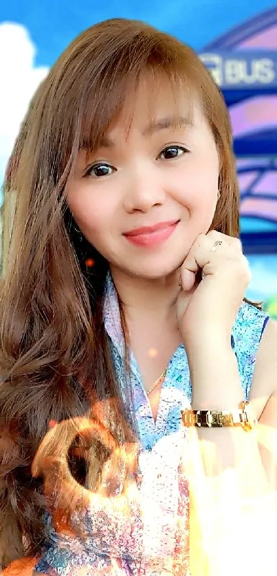 Woman smiling at colorful bus stop with blue sky.