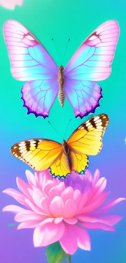 Colorful butterflies atop vibrant flowers in a stunning mobile wallpaper.