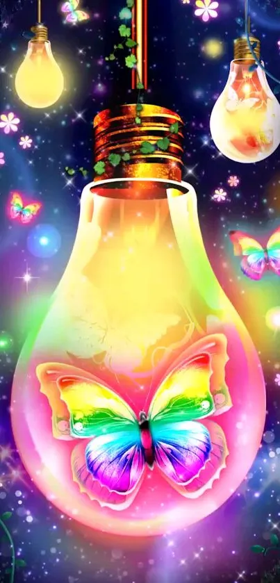 Vibrant butterfly inside glowing lightbulb wallpaper.