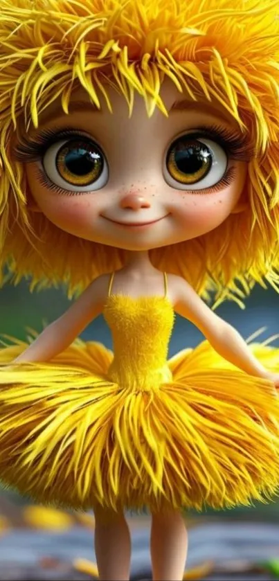 Cute cartoon character with yellow dress and big eyes in a whimsical design.