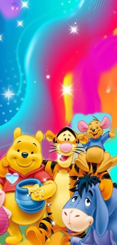 Bright cartoon characters on colorful fantasy background.